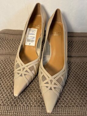 Vintage Stuart Weitzman Long Pointed-Toe Taupe Leather & Mesh Pumps